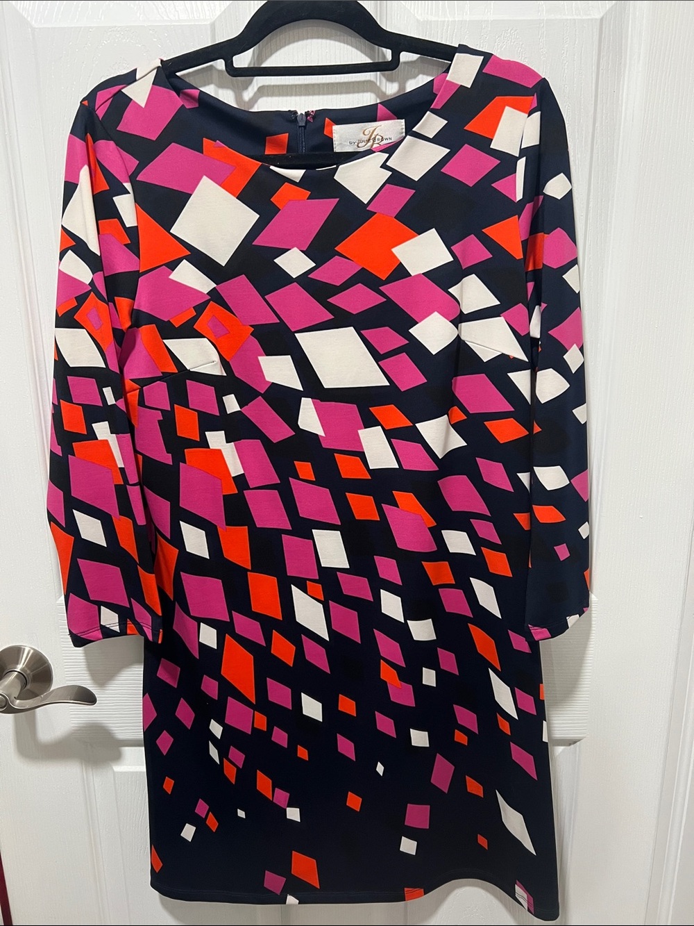 JB by Julie Brown Black Shift Dress with Pink, Red & White Geometric Print